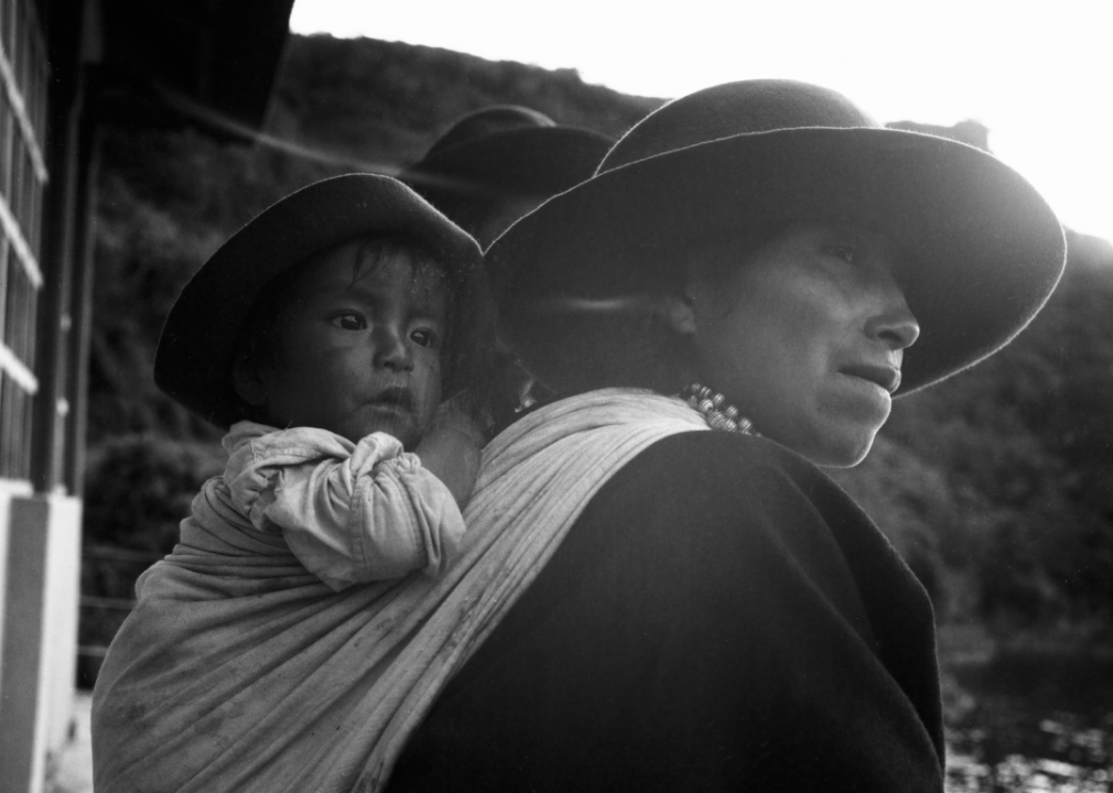A mother and child are photographed near Cotacachi in the 1960s