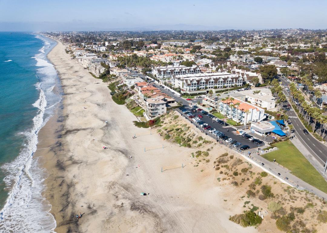 Aerial view of the beach in Carlsbad, California.