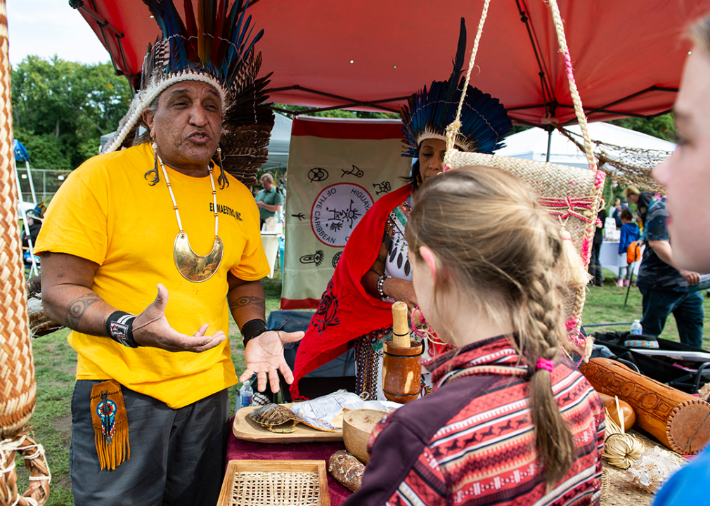 Jorge Baracutay Estevez speaks about Taino culture at Indigenous Peoples Day in Newton, Massachusetts.