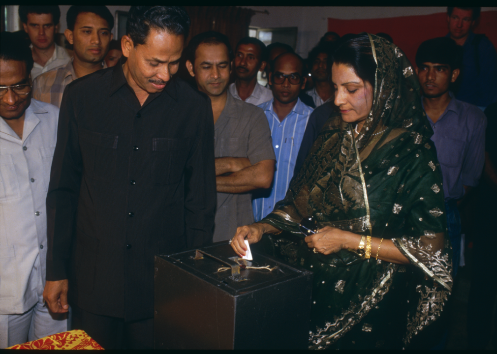 President Hossain Mohammad Ershad and his wife go to the polls in Dhaka in March 1988