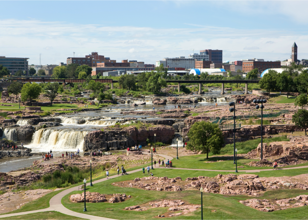 Tourists visit Falls Park in Sioux Falls.