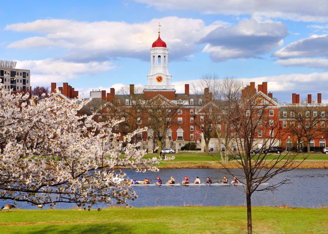 Rowers on the river in front of Harvard Campus in Cambridge, Massachusetts.