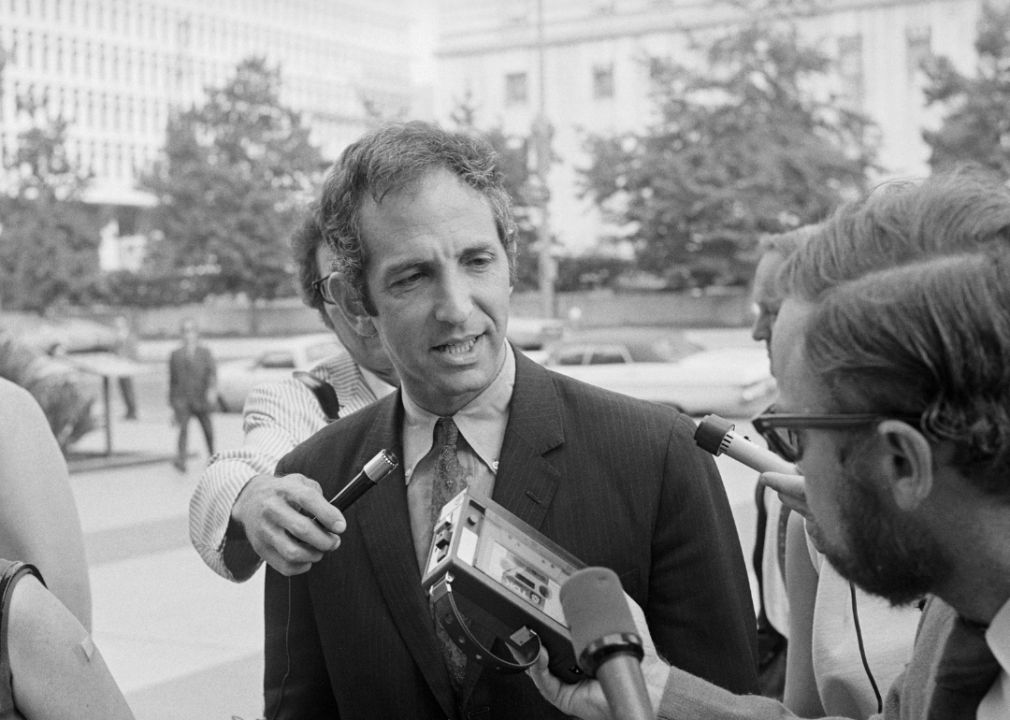 1971: Publication of Pentagon papers triggered censorship effort Ellsberg Arrives at Court. Los Angeles: Daniel Ellsberg talks with newsmen as he arrives for arraignment at courthouse here. Ellsberg is charged with violating the law by leaking the secret Pentagon papers to the news media on August 16, 1971