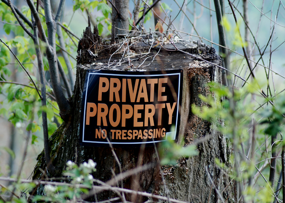 “Private Property No Trespassing” sign on tree stump.