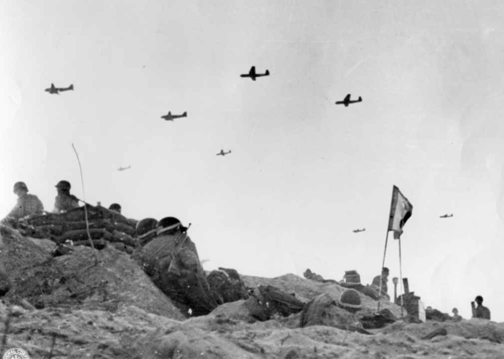 Gliders bring supplies to troops on Utah Beach on June 6, 1944.