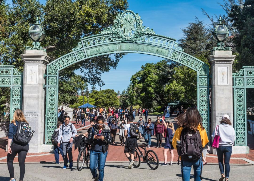 Students pass through Sather Gate at UCB.