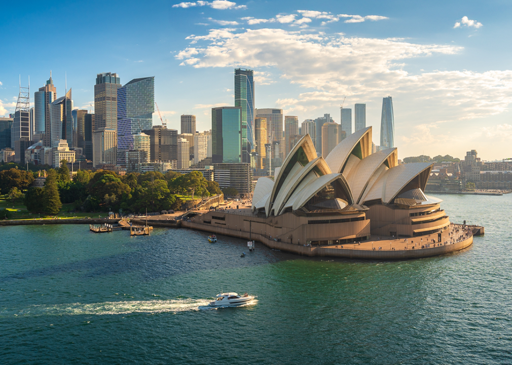 Aerial view of Sydney Harbor and Opera House.