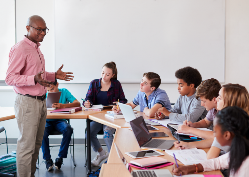A man addresses a group of students.