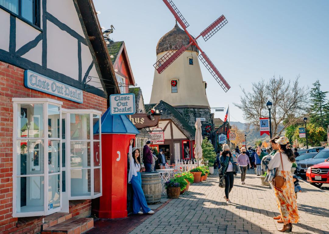 A windmill and shops on Main Street in Solvang