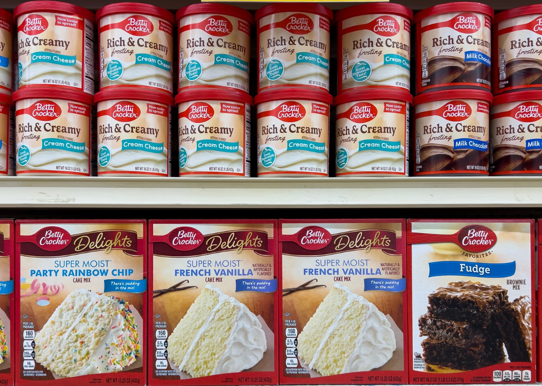 Betty Crocker baking mixes and frostings in supermarket.