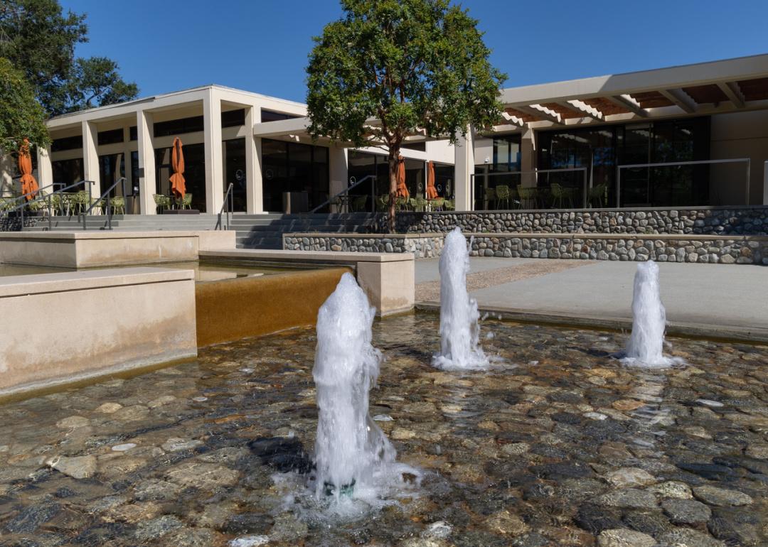 Fountain in front of an academic building at Claremont McKenna.