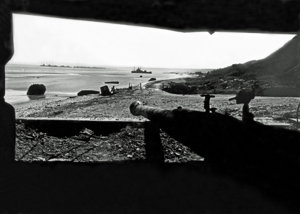 A view of the fallen Atlantic Wall on Omaha Beach in June of 1944.