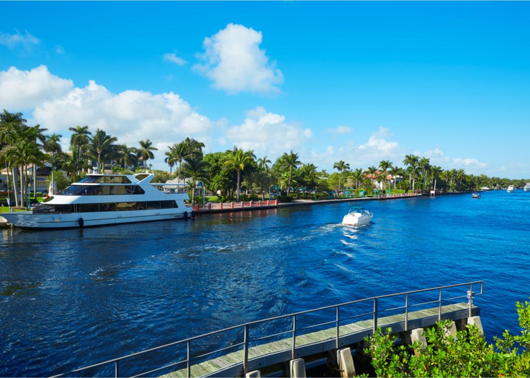 People driving boats on a lake in Gulf Stream, Florida.