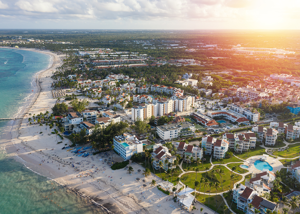 Aerial view of Punta Canal resorts and beaches.