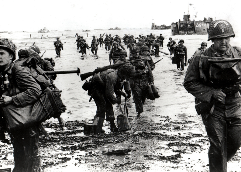 American shock troops land on a Normandy beach on June 6, 1944.