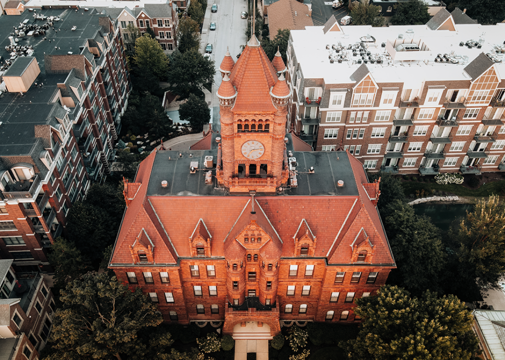 Aerial view of the historic DuPage County Courthouse.