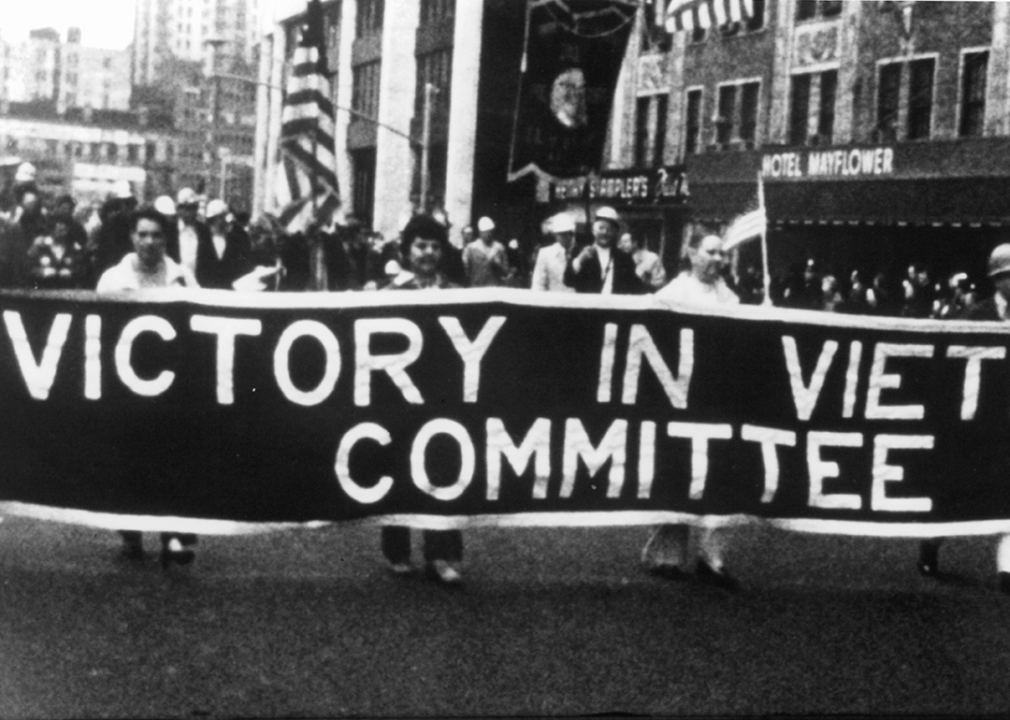 Victory in Vietnam committee marching in a scene for the film 