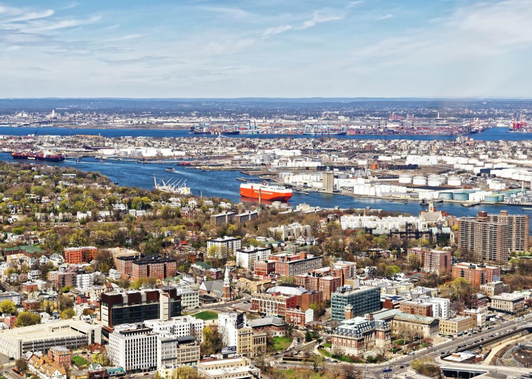 Aerial view of Staten Island, New York City, and Bayonne, NJ.