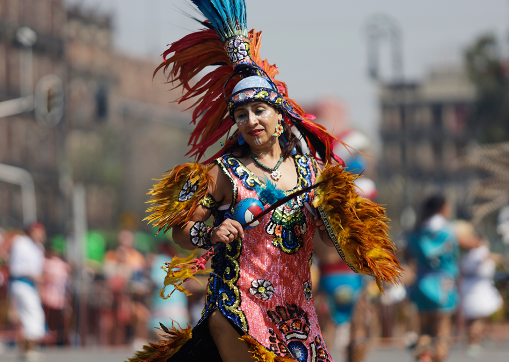 Pre-Hispanic dancers in the Zocalo in Mexico City on the occasion of the Mexica New Year 11 Carrizo.