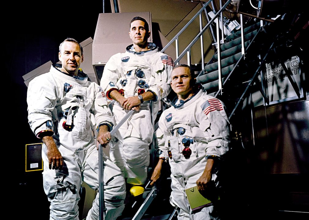 Apollo 8 Crew James Lovell, William Anders and Frank Borman pose for a portrait.