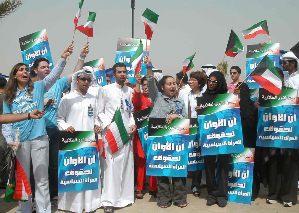 Kuwaitis protest for women's political rights in front of the parliament on May 16, 2005, in Kuwait City