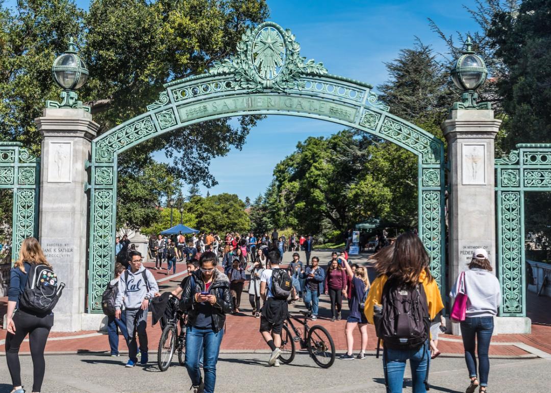 Students pass through Sather Gate at University of Berkeley, California.