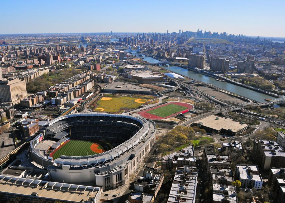 Aerial view of Yankee Stadium and surrounding buildings in the Bronx.