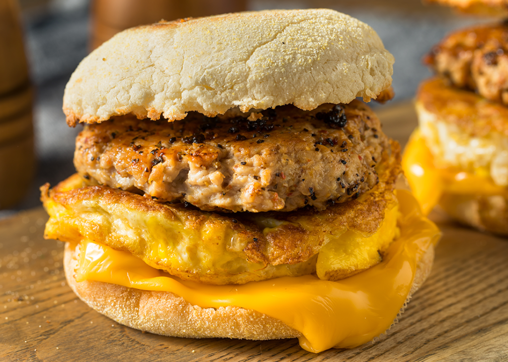 Sausage, egg, and cheese breakfast patty on biscuit.