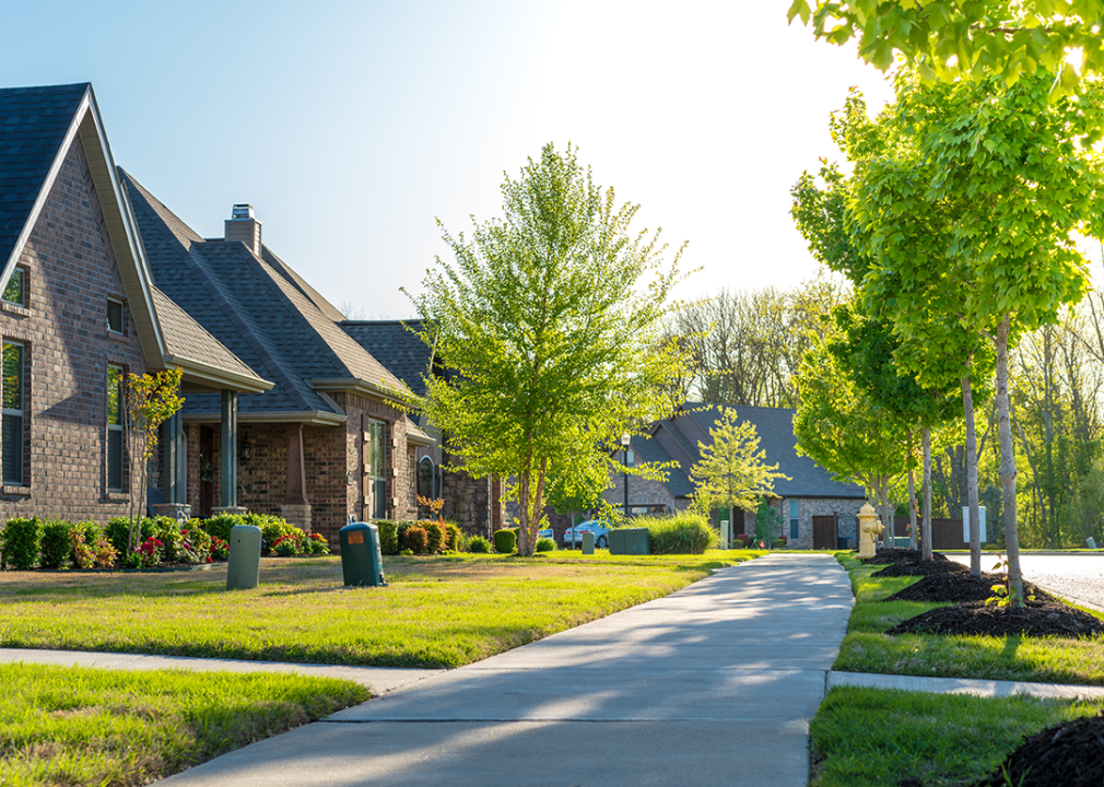 Row of residential houses on tree lined street.