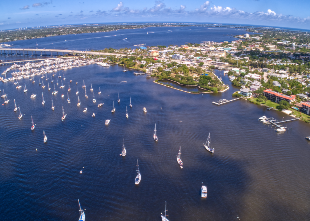 Aerial view of Stuart and boats in harbor.