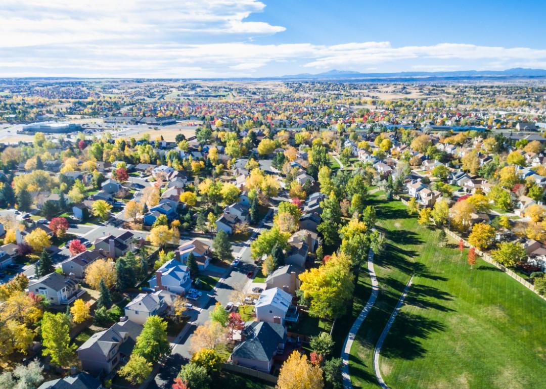 Aerial view of residential Denver suburb in autumn.