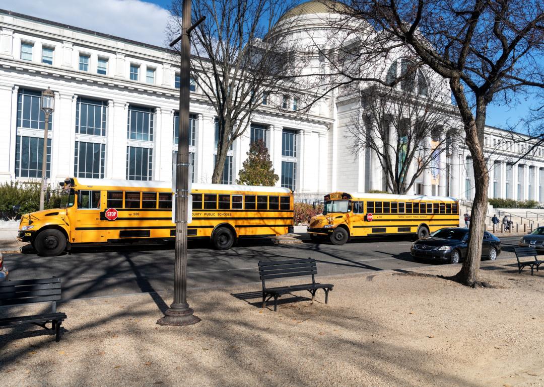 School buses parked outside museum in Washington DC.