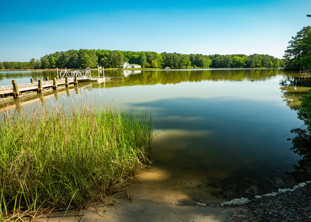 Pier and sand beach kayak launch area at Rappahannock River estuary,