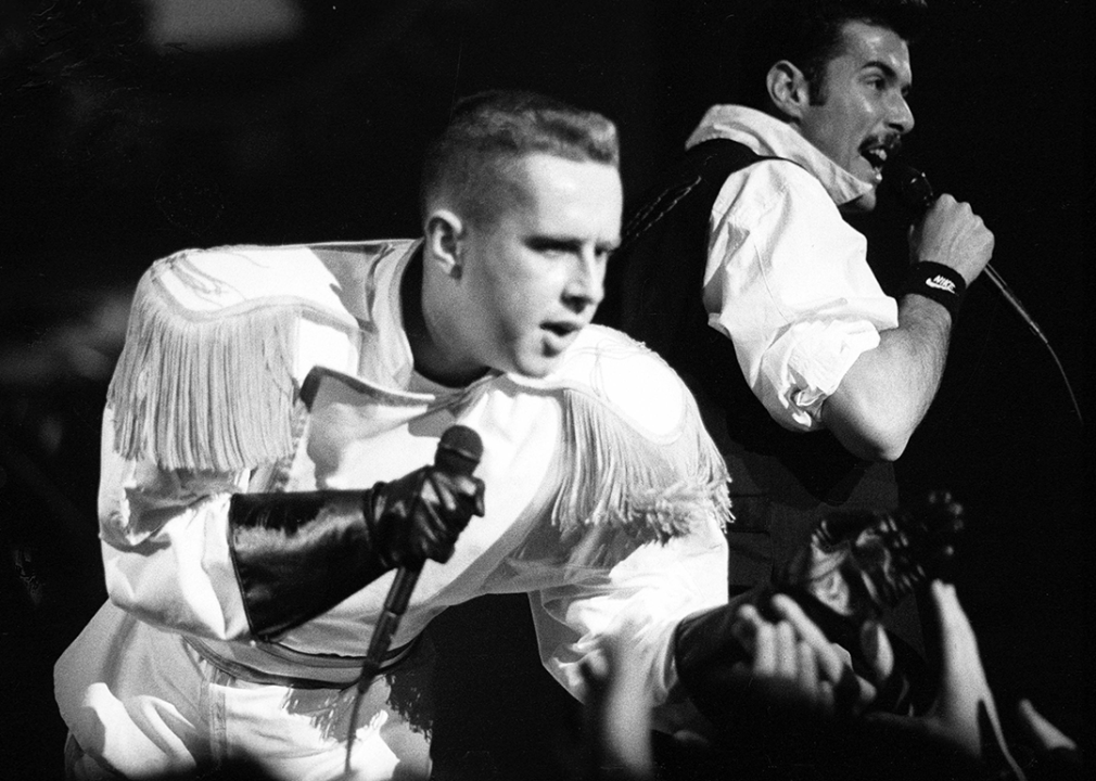Holly Johnson and Paul Rutherford of Frankie Goes To Hollywood performing in concert.