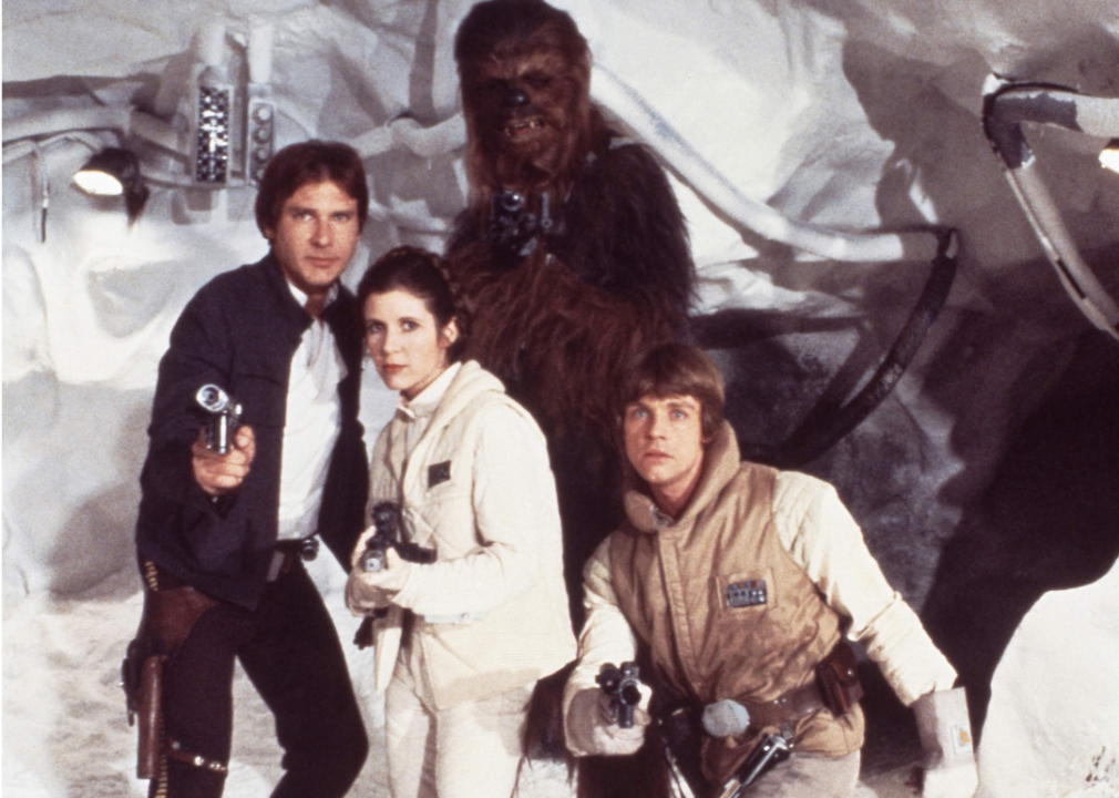 Harrison Ford, Carrie Fisher, Harrison Ford, Mark Hamill and Peter Mayhew pose on set.