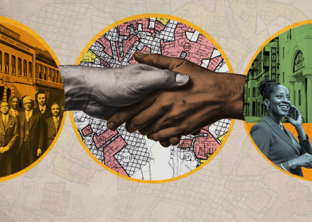 Illustration with archival images of Durham’s Black Wall Street; a redlining map of Richmond, Virginia; and a present-day Shaw Neighborhood in Washington DC.