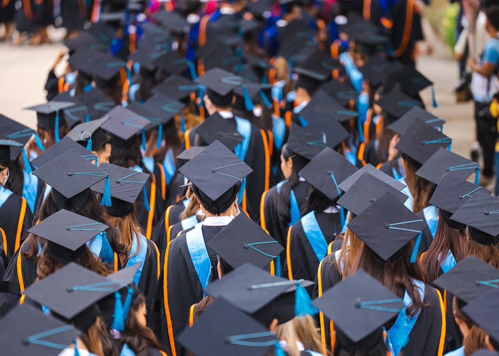 Rear view of university graduates at ceremony.