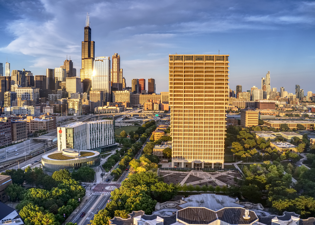 Aerial view of the University of Illinois and surrounding cityscape.
