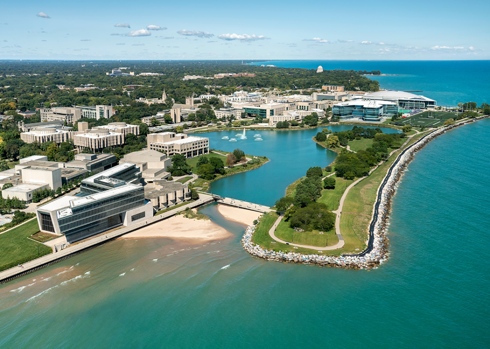 Aerial view of Northwestern University and Lake Michigan with foreground beach and walking path.