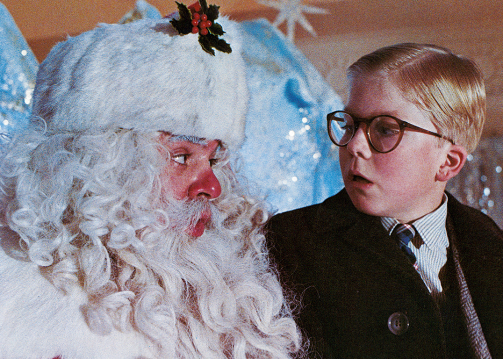 Peter Billingsley sits on Santa's lap in a scene from the film A Christmas Story.