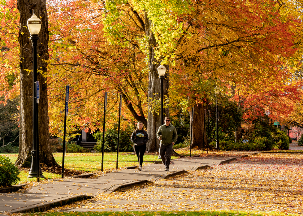 Oregon: Benton County People walking on a sidewalk on OSU campus.