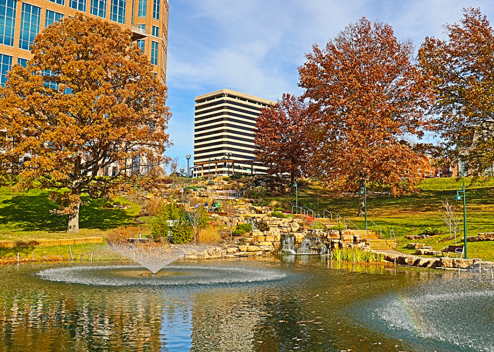 Park with fountain in autumn.