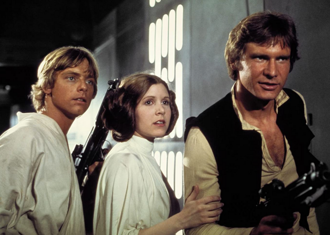 Harrison Ford, Carrie Fisher, and Mark Hamill in Star Wars: Episode IV - A New Hope.