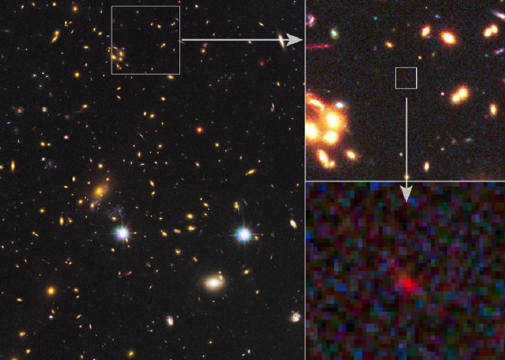 Image of what could be the most distant galaxy ever seen. The small galaxy's starlight has been stretched into longer wavelengths, or "redshifted," by the expansion of the universe.