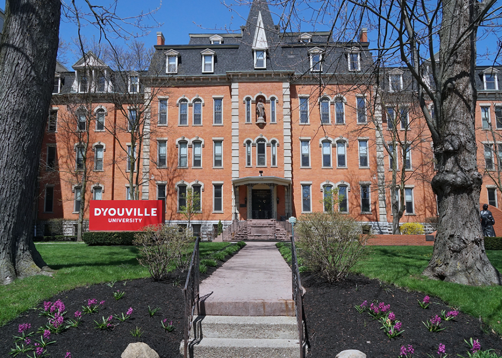 Main building and sign on DâYouville campus.