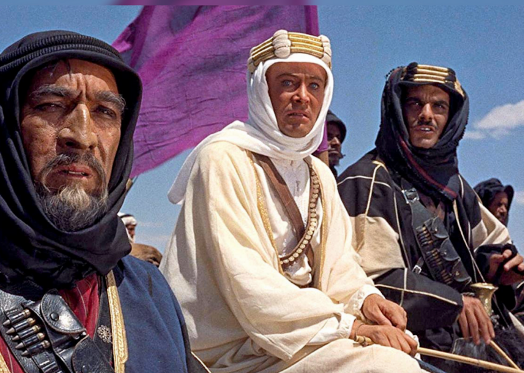 Anthony Quinn, Peter O’Toole, and Omar Sharif in a scene from Lawrence of Arabia.