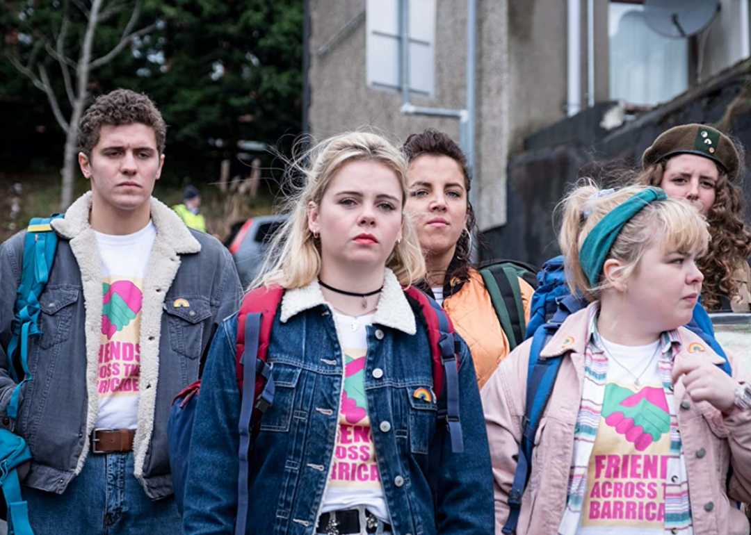 Actors in a scene from Derry Girls.
