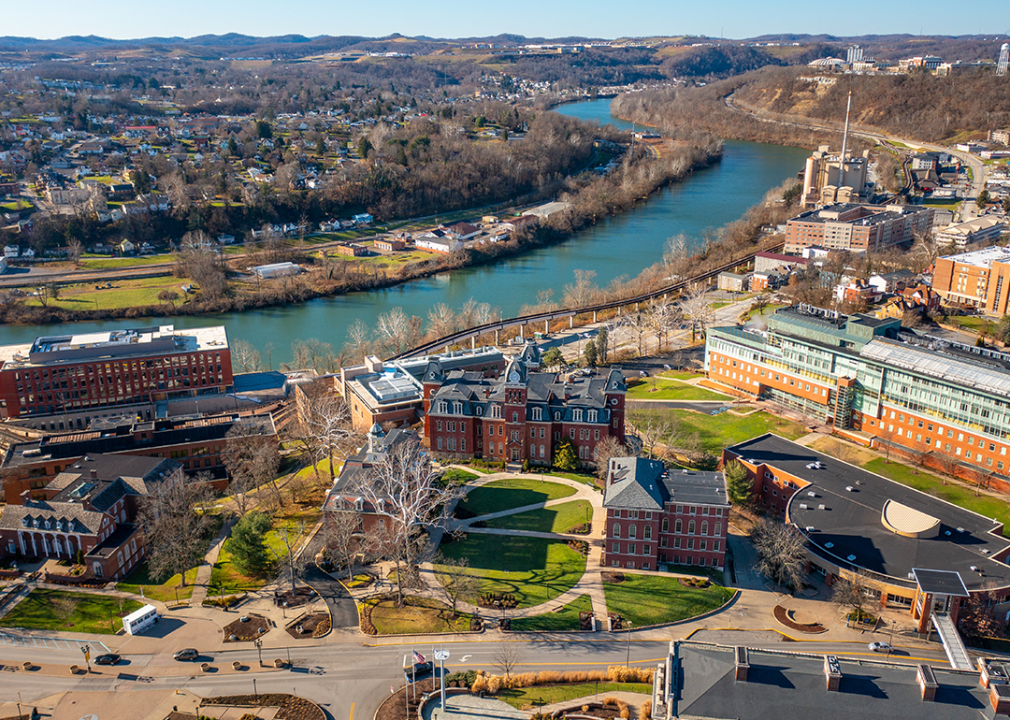 Aerial drone view downtown campus of WVU in Morgantown.