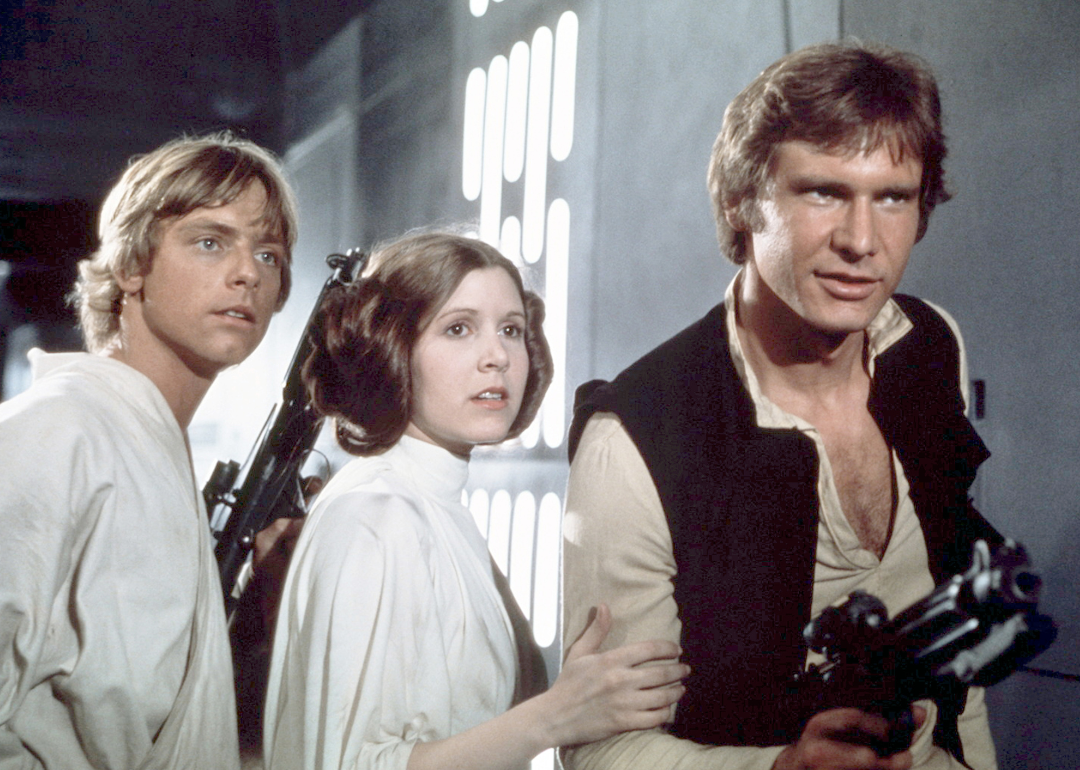 Mark Hamill, Carrie Fisher and Harrison Ford on the set of Star Wars: Episode IV - A New Hope