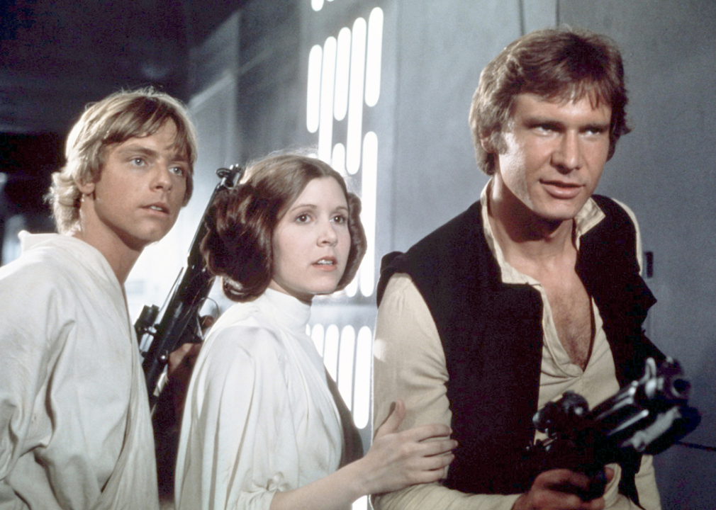 Mark Hamill, Carrie Fisher, and Harrison Ford on the set of ‘Star Wars: Episode IV - A New Hope’.